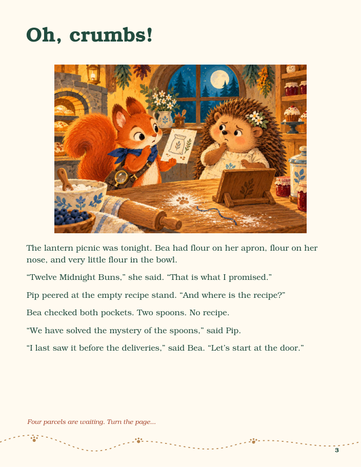 Actual printable page: the opening story, Oh crumbs
