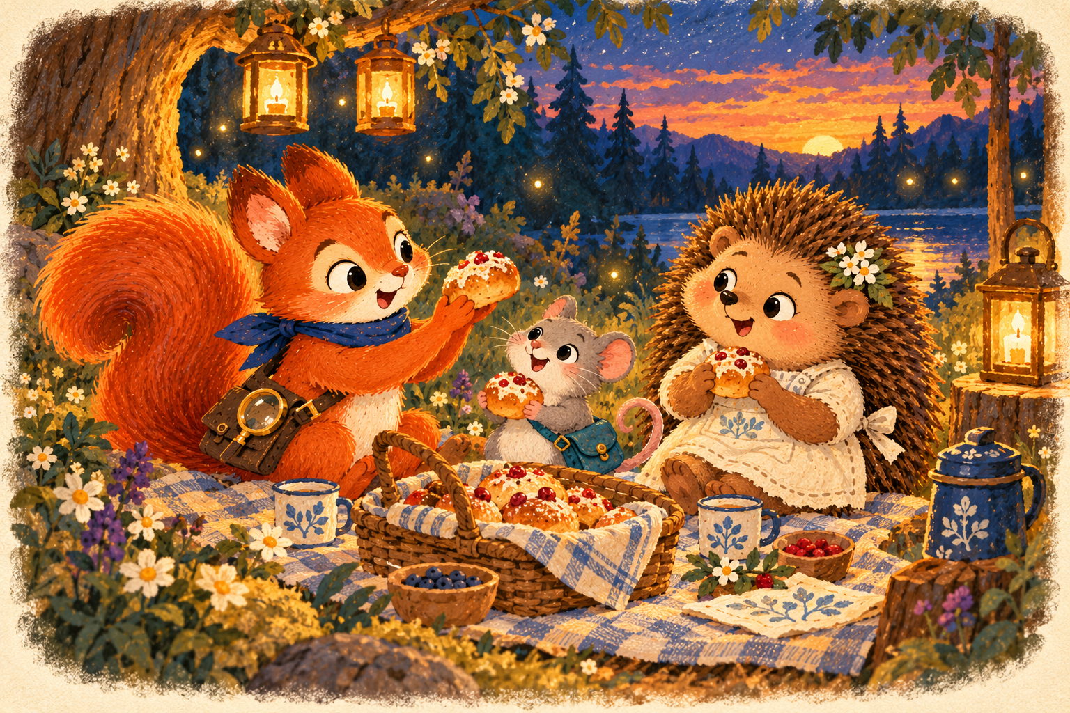 Pip and friends sharing a woodland picnic